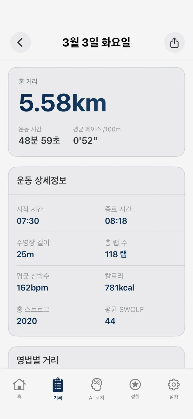 어푸어푸 수영 세션 상세 기록